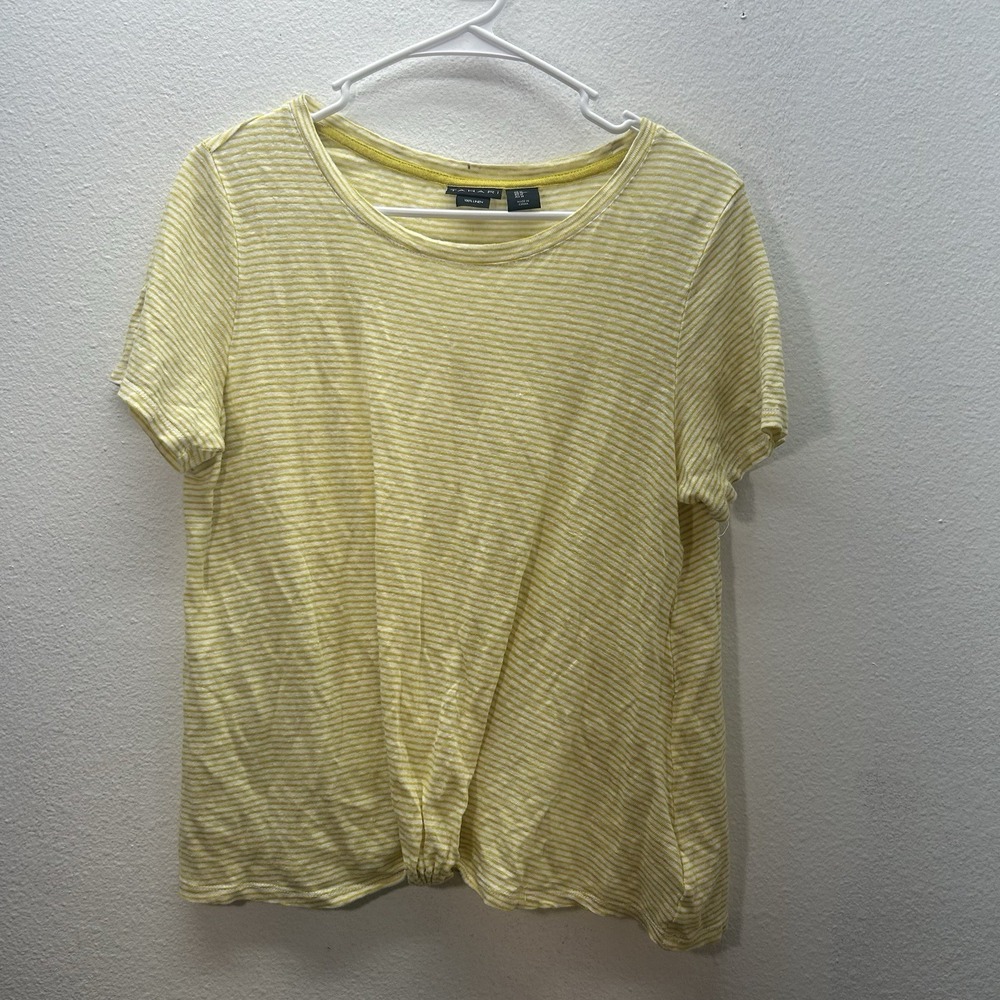 Tahari Shirt‎ Womens M Yellow White Striped 100% Linen Short Sleeve Twist Hem
